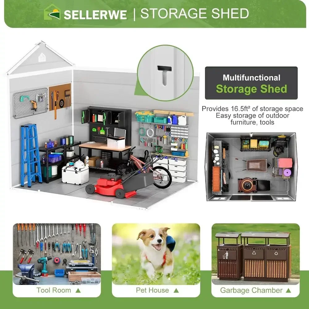 8x6x7ft Waterproof Outdoor Storage Shed with Floor, 2 Windows, Double Door & Vents for Garden, Lawn, Backyard, Poolside