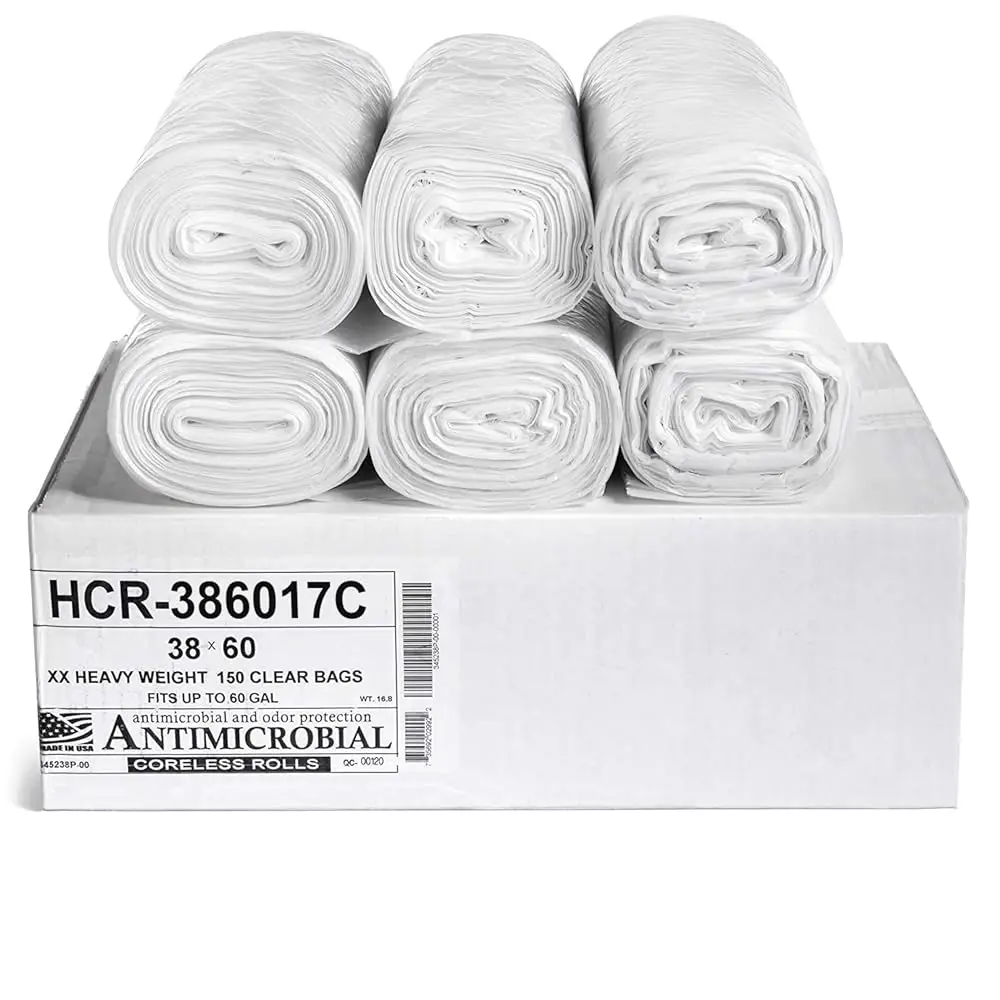 

High Density Trash Bags, 60 Gallon, 150 Count, 17 Micron (eq), 38\ x 60\, Clear, for Bathroom, Office, Industrial, Commercia