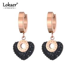 Lokaer Roman Numerals Titanium Stainless Steel White/Black Clay Crystals Heart Hoop Earrings For Women Boucle D'oreille E19135