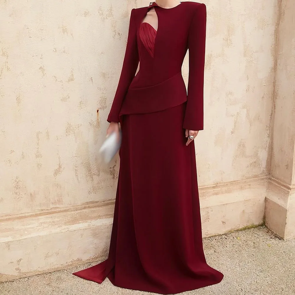 

Customized A-Line Prom Dresses Floor-Length O-neck Full Sleeve Evening Dresses Simple Fashion Draped Casual Party Dresses