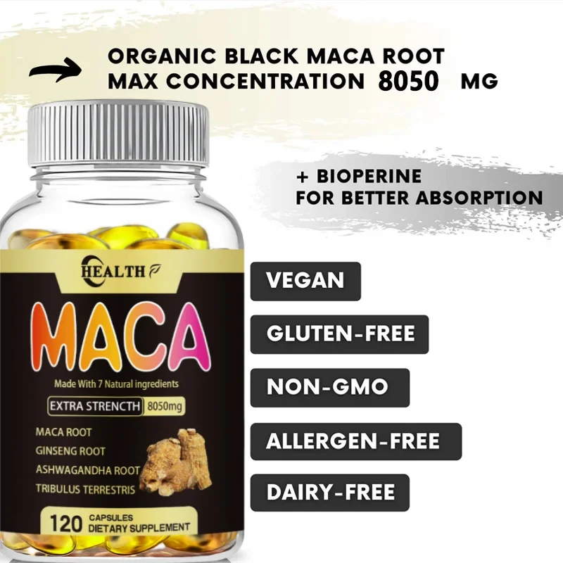 HEALTH Maca Supplement - with Ginseng Ashwagandha Tribulus Terrestris 8050mg - Muscle Mass, Endurance and Vitality