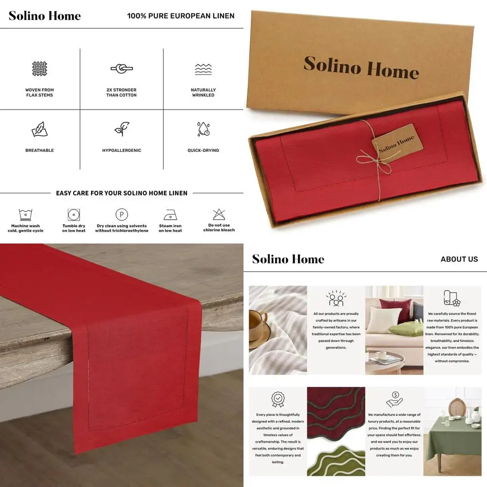 

Pure Linen 14x108 Inch Holiday Table Runner, 100% Linen, Classic Hemstitch for Christmas and Winter