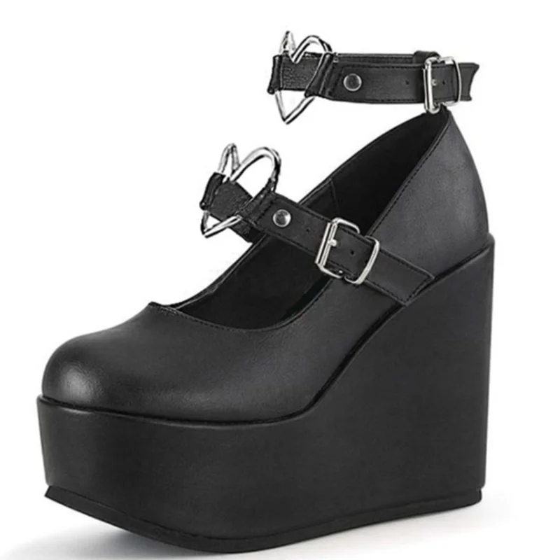 Plataforma Mary Janes Bombas de Salto Alto para Mulheres, Doce Sapatos Kawaii Lolita, Alça de Fivela Tornozelo Coração, Cosplay Punk Goth, Cunhas