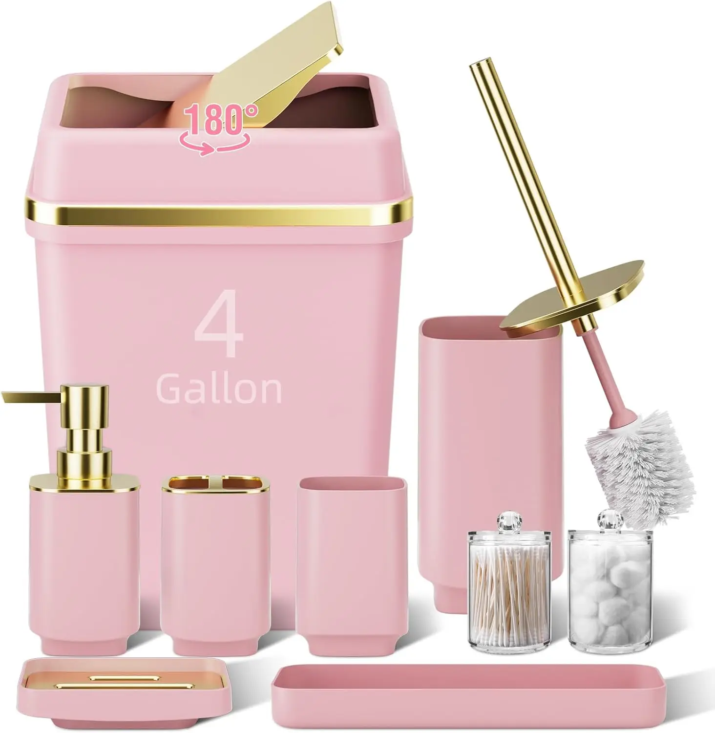 

9PCS Pink Bathroom Set with Large 4 Gallon Trash Can, Toothbrush Holder, Soap Dispenser, Toilet Brush