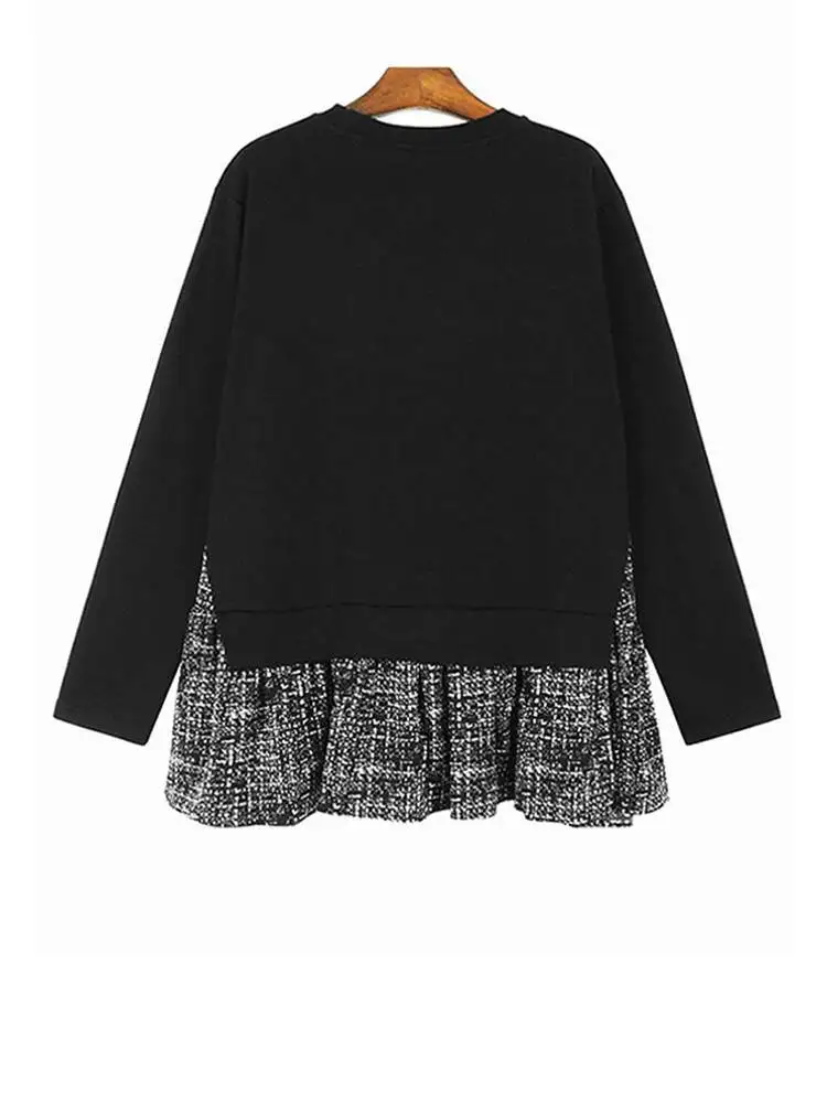 เสื้อสเวตเชิ้ตลำลองสีดำ แต่งระบายชายเสื้อ คอทรงกลม แขนยาว ไซส์ใหญ่สำหรับผู้หญิง แฟชั่นอินเทรนด์ ฤดูใบไม้ผลิ ฤดูใบไม้ร่วง