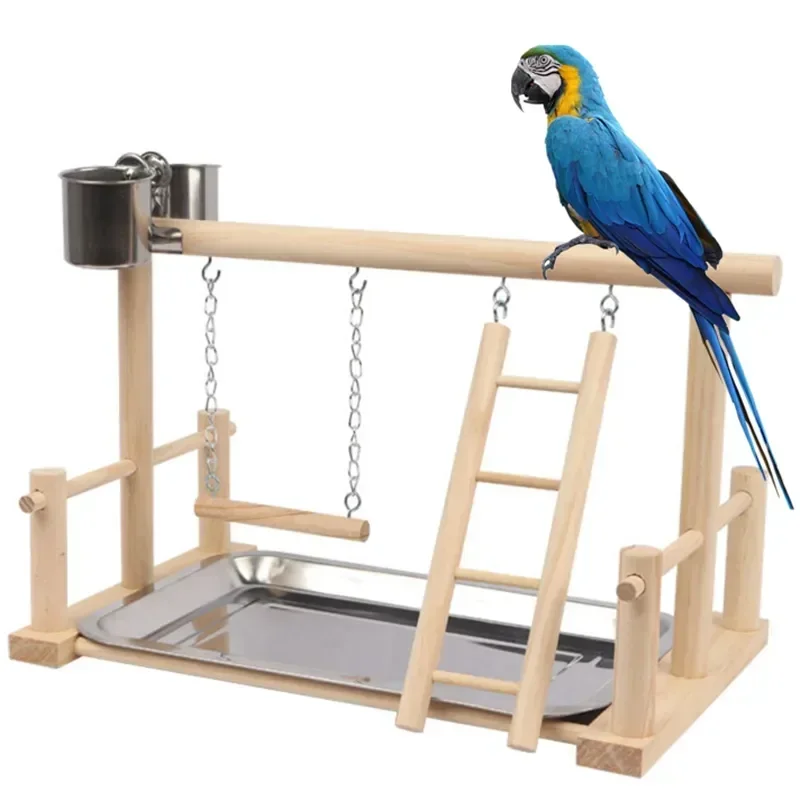 

With Stand Parrot Playground Plays Ladder Perch Parrots Wood Playstand Bird Plate Solid Feeder Wooden Steel Pet