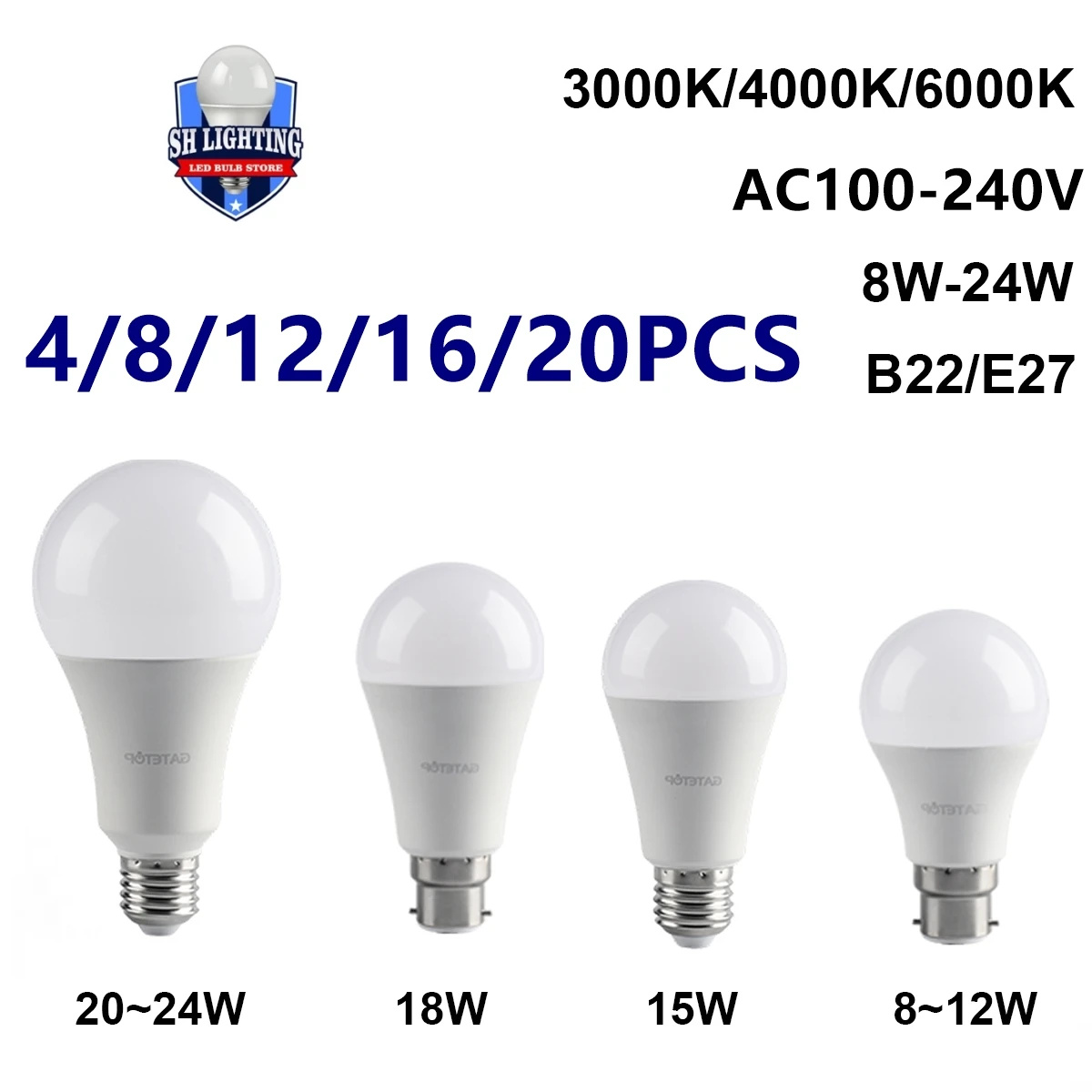 4-20PCS AC110V/AC220V Led energy conservation Bulb Lamps E27 B22  Light Real Power 8W-24W No strobe warm white light