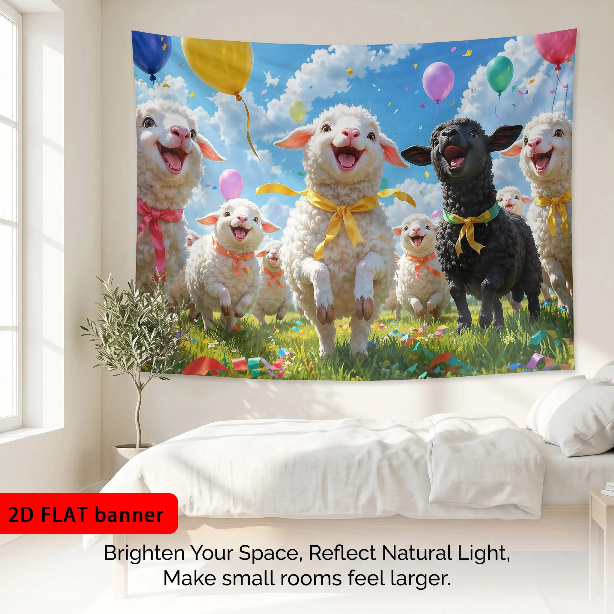 Cute Sheep Flocking Tapestry Wall Hanging Bohemian Boho Farmhouse Style Polyester Art Decor for Living Room Bedroom