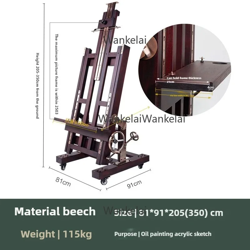 Beech Hand-cranked Jumbo Large Oil Painting Easel Wood Display Easel Canvas Board Adjustable Flat Stand Dual-use