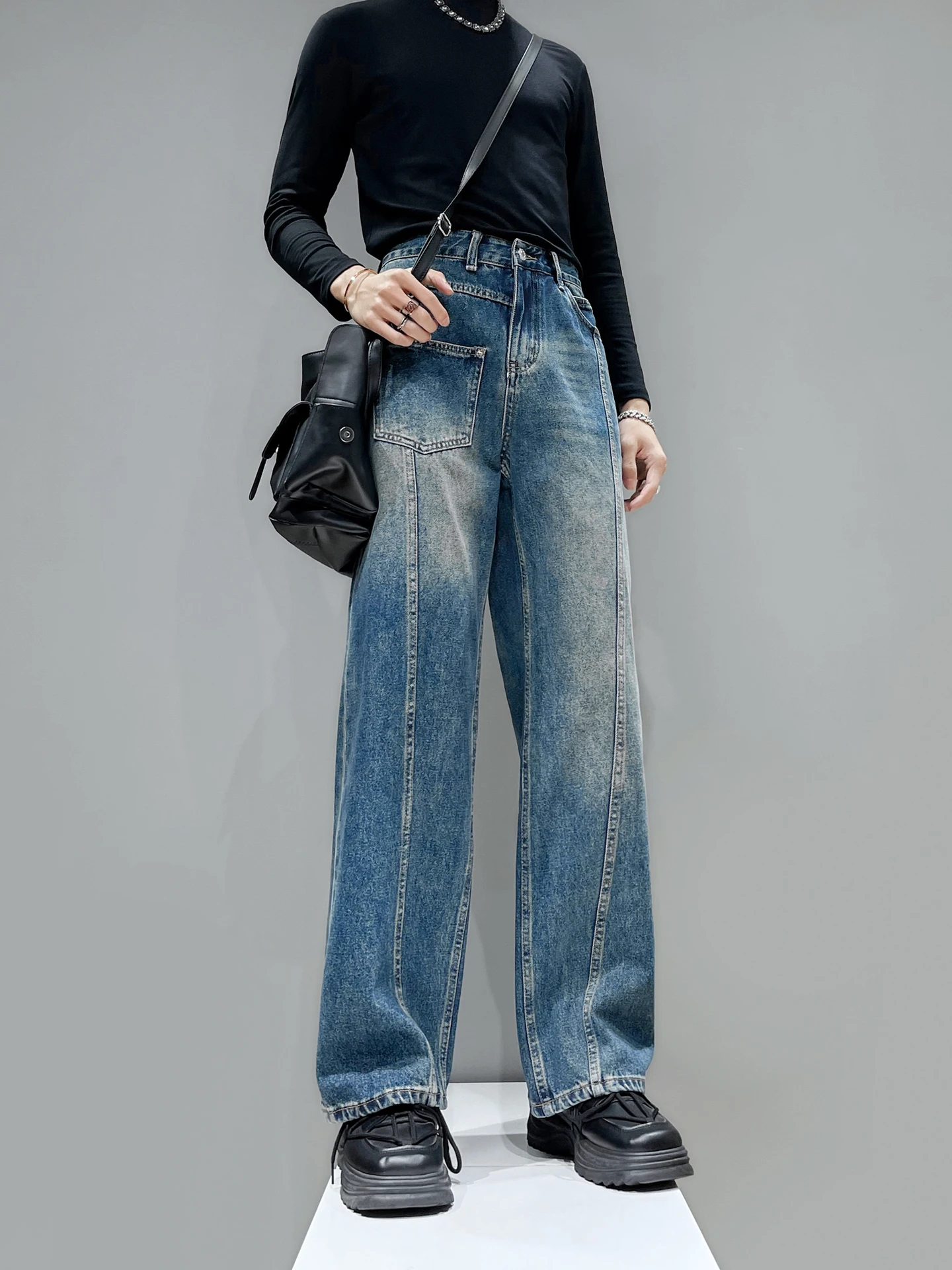 

Original American Retro Design Pocket Patchwork Casual Straight Leg Jeans Men Loose Long Pants Youth Trend Autumn Season