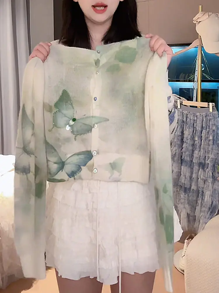 

Green Print Long Sleeve Knitted Sweater Women's Spring Thin Cardigan 2026 New Lazy Style Versatile Top Cleanfit Brand