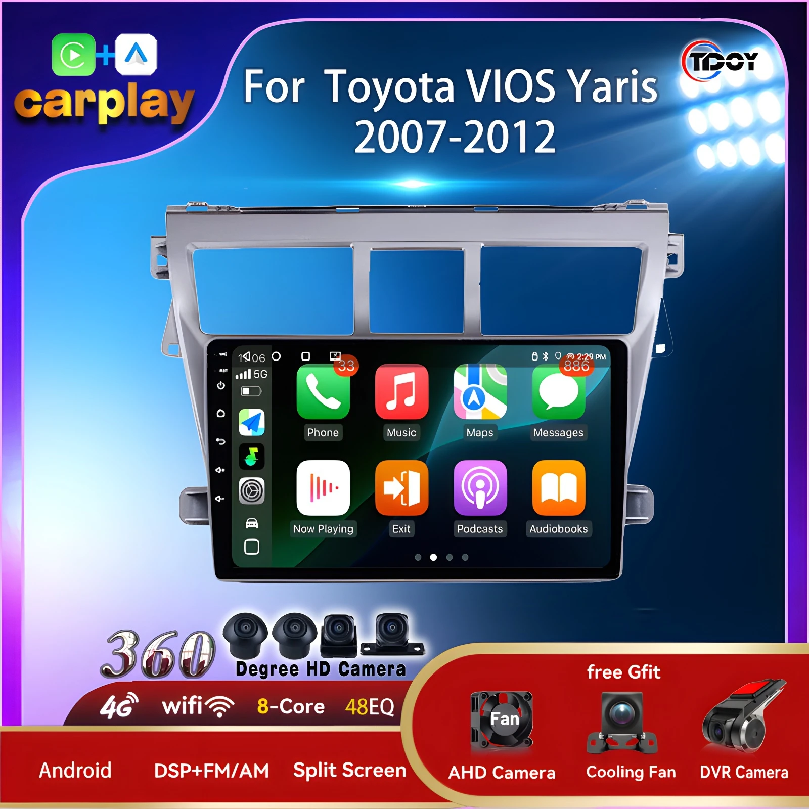 

Autoradio For Toyota VIOS Yaris 2007-2012 Car Radio Multimedia Automotive Carplay Android Auto Wireless 8Core wifi GPS Stereo