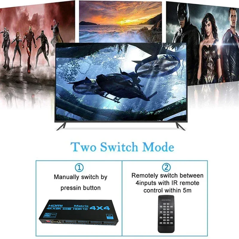 HDR10 4K 4x4 HDMI Matrix HDCP2.2 HDMI Switcher Splitter 4 in 4 Out Audio Video Converter EDID RS232 for Camera PC To TV Monitor