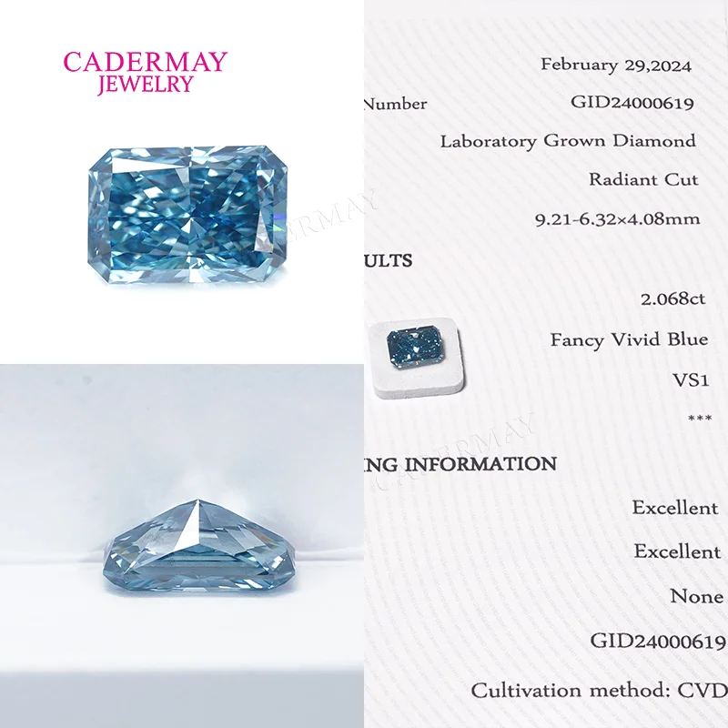 GEMID Certificate CVD Vivid Blue Diamonds 2ct Radiant Shape Vivid Blue Lab Grown Diamond For Jewelry Making