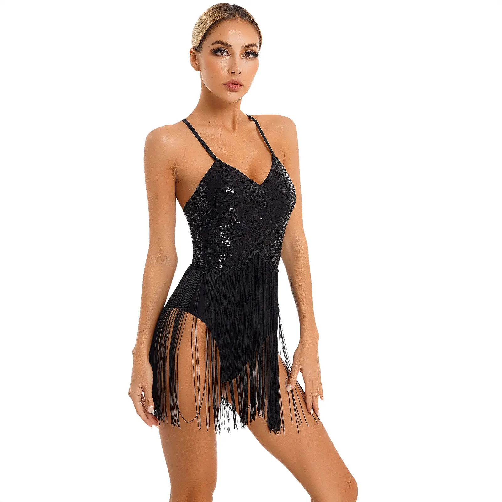 Body da ballo con paillettes lucide da donna nappe senza schienale Costume da ballo latino contemporaneo moderno lirico Costume da ballo Jazz latino