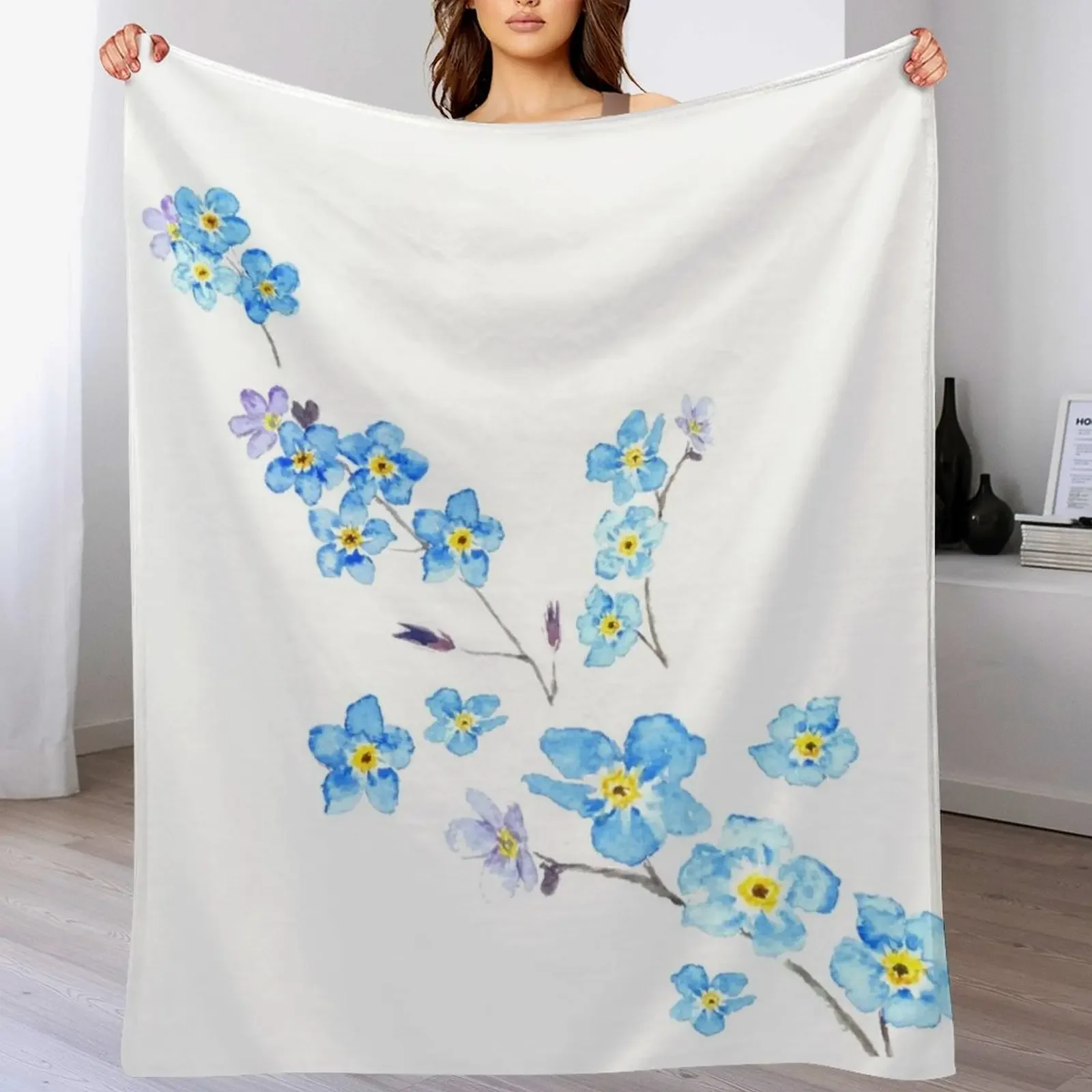 blue forget me not watercolor painting Throw Blanket Summer Beddings Custom Cute Plaid Blankets