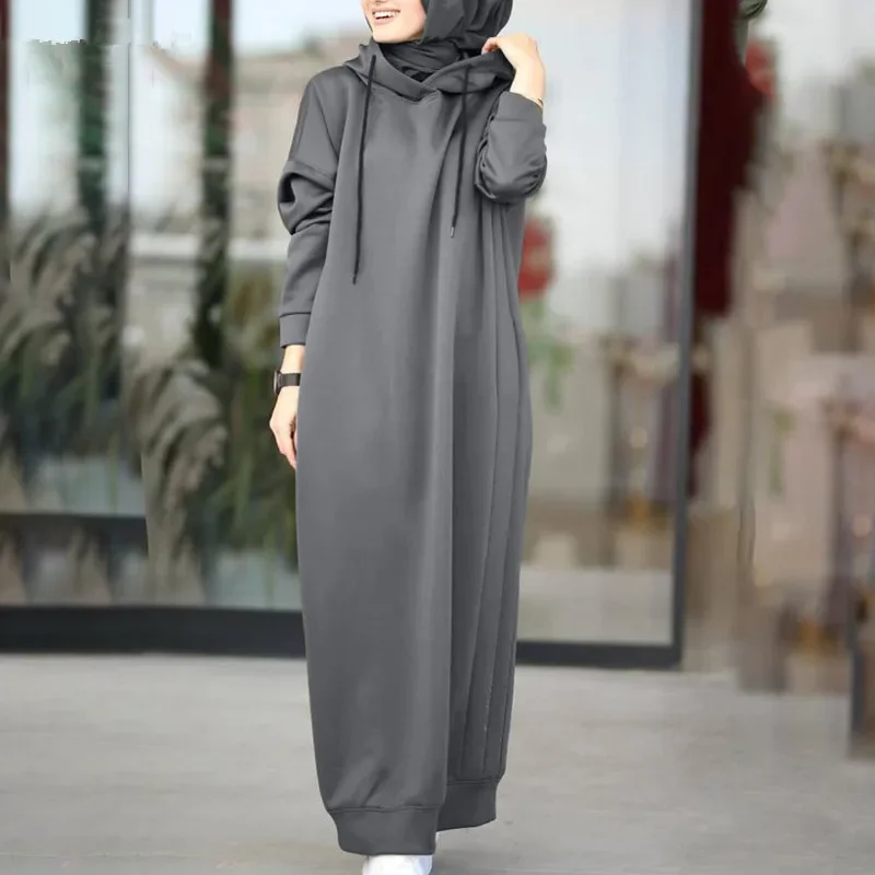 Vestido Abaya musulmán de otoño, franela lisa con capucha, Abayas holgadas con cordón para mujer, suéter informal de manga larga con bolsillo para mujer
