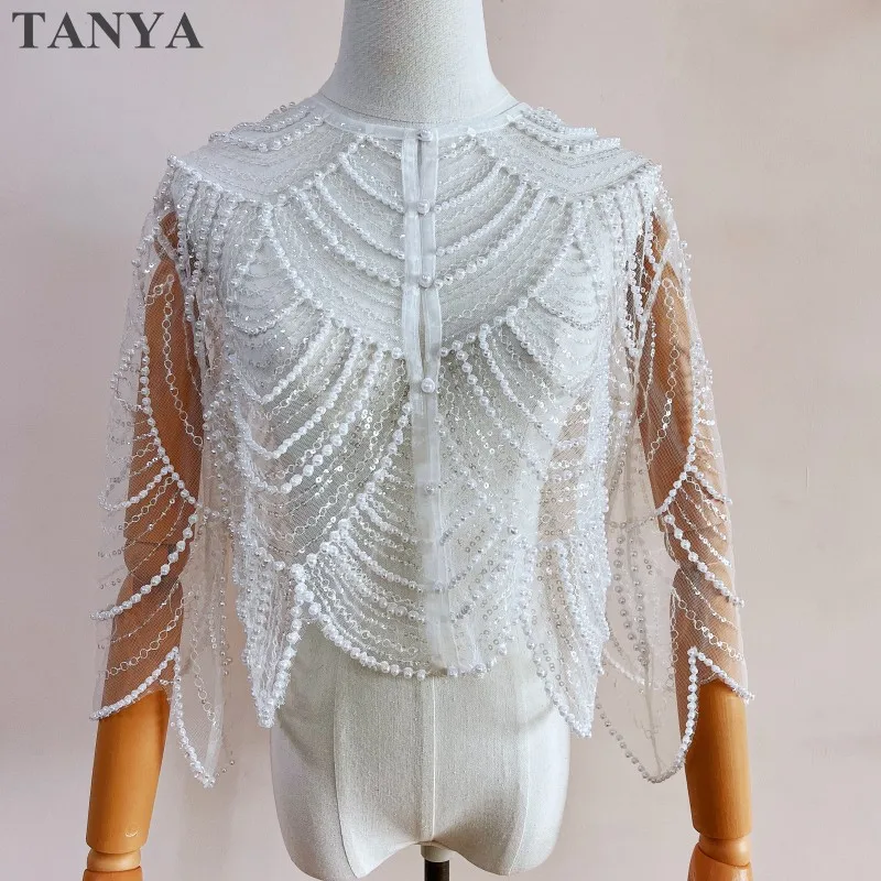 Fashion Jacket Short Sleeves Bolero Hand Sewn Beads And Sequins Shawl Round Neck With Pearl Buttons Bridal Accessories