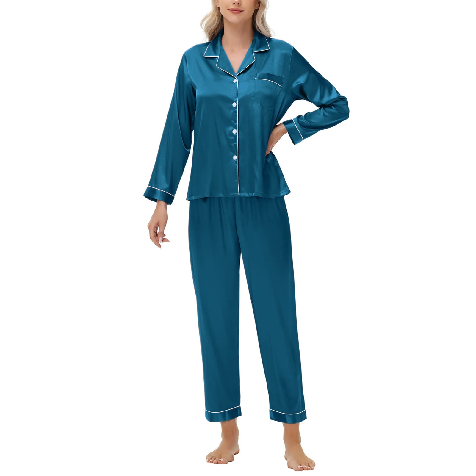 2025 Spring New Ice Silk Pajamas Women's Long Sleeve Long Pants Satin Large Size Pajamas Home Clothes