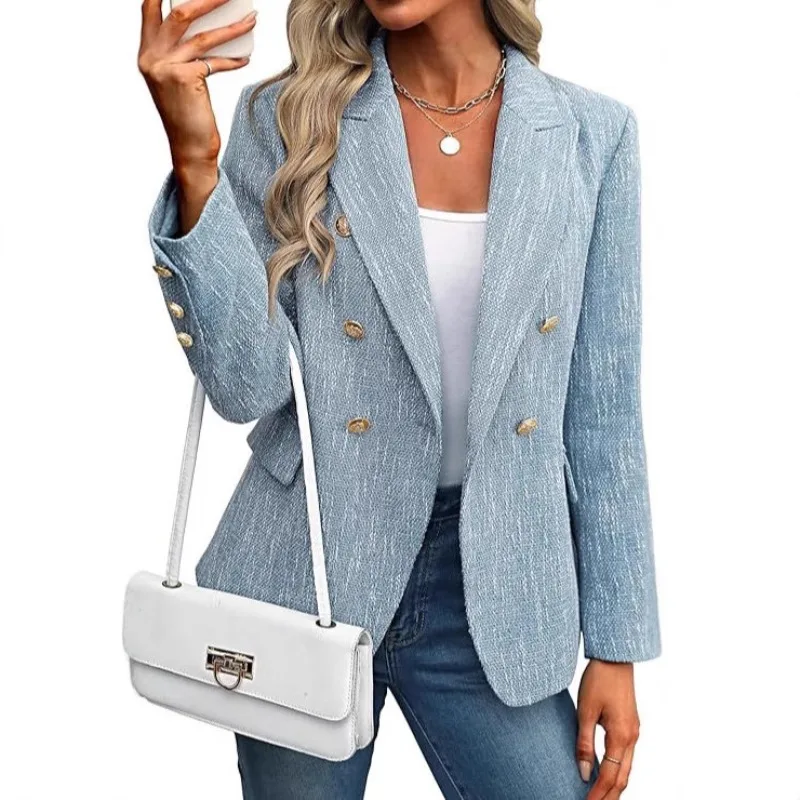 

Elegant Tweed Blazer Women Loose Turn Down Collar Double Breasted Button Up Long Sleeve Female Coat 2025 Autumn Lady Streetwears