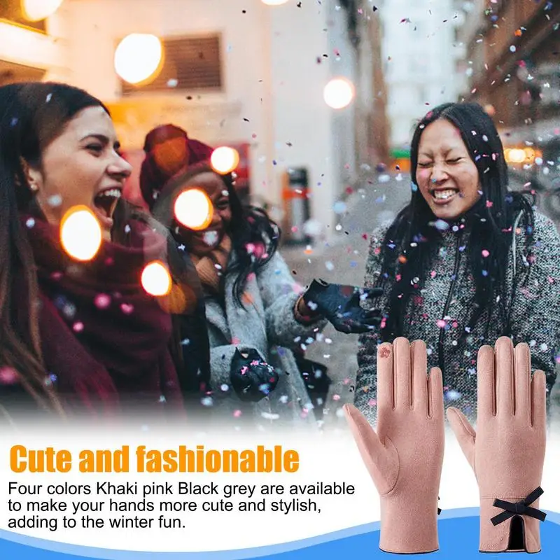 

Soft Winter Gloves Cold Weather Stretch Fleece Lined Gloves Non-Slip Touchscreen Driving Gloves With Sensitive Fingers Bow Cuff