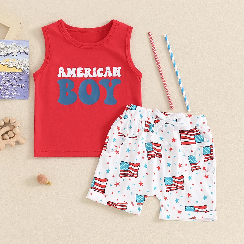 Toddler Baby Boys Independence Day 2 Piece Set Letter Print Tank Tops Elastic Waist Star Print Shorts Infant 4th of July Outfits