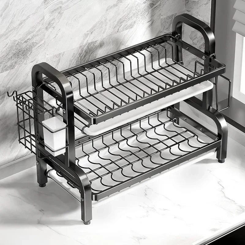 1/2 stücke NEUE Dish Trocknen Rack 2-Tier Kompakte Küche Dish Rack Drainboard Set Große Rost-Proof abtropfgestell mit Utensilien Halter
