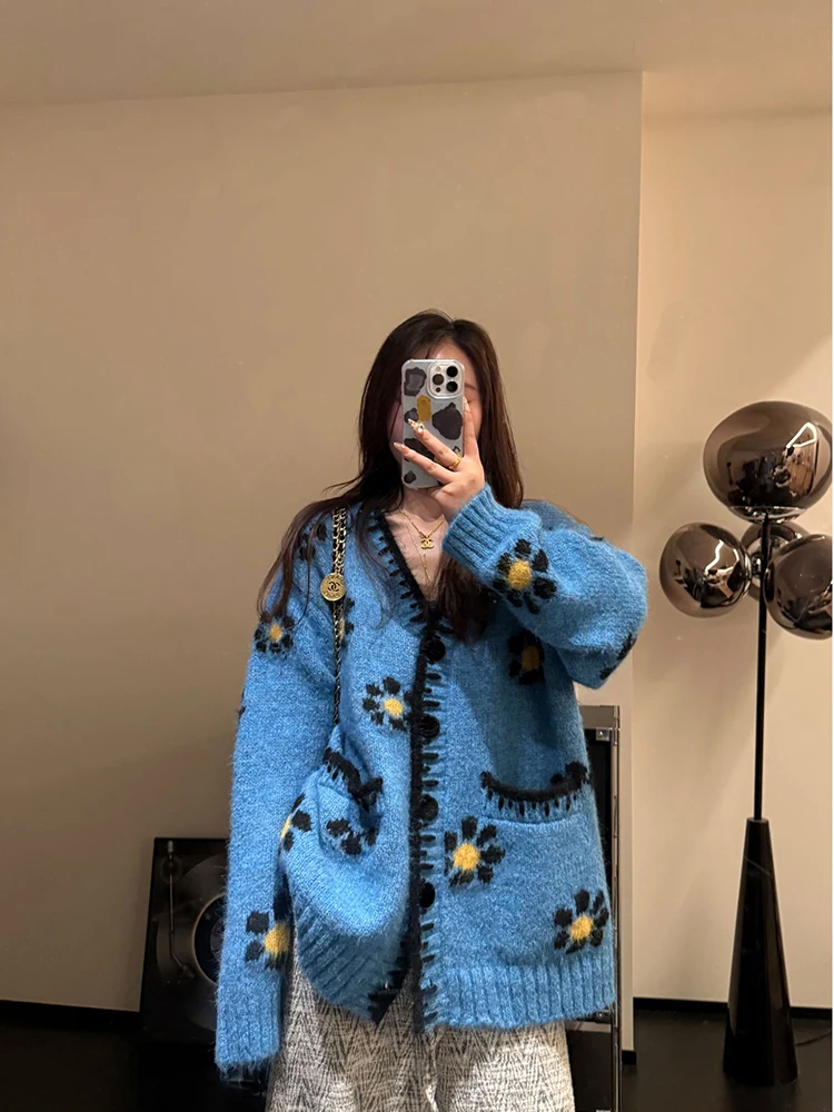 

Handmade Crochet V-Ne Knitted Sweater Coat Women's Autumn Winter Thi Sle Lazy Faion High-End Slimming Flower Open Car...