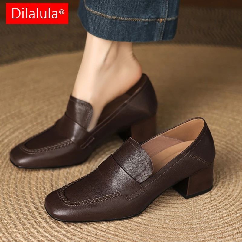 

Dilalula 2025 Genuine Leather Loafers Female Square Toe Med Thick Heels For Women Comfort Daily Leisure Natural Leather Pumps