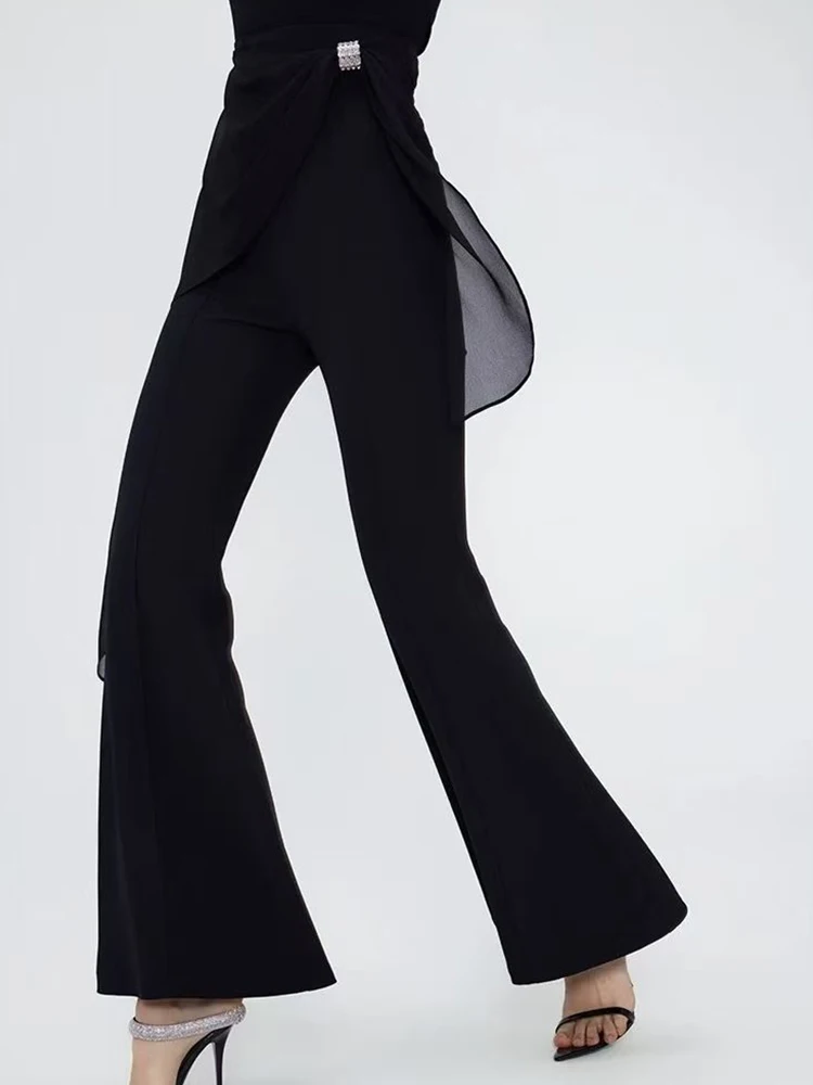 

In the spring of 2025, the new stitching mesh black bell-bottoms are fashionable and versatile high-waisted slim women's trouser