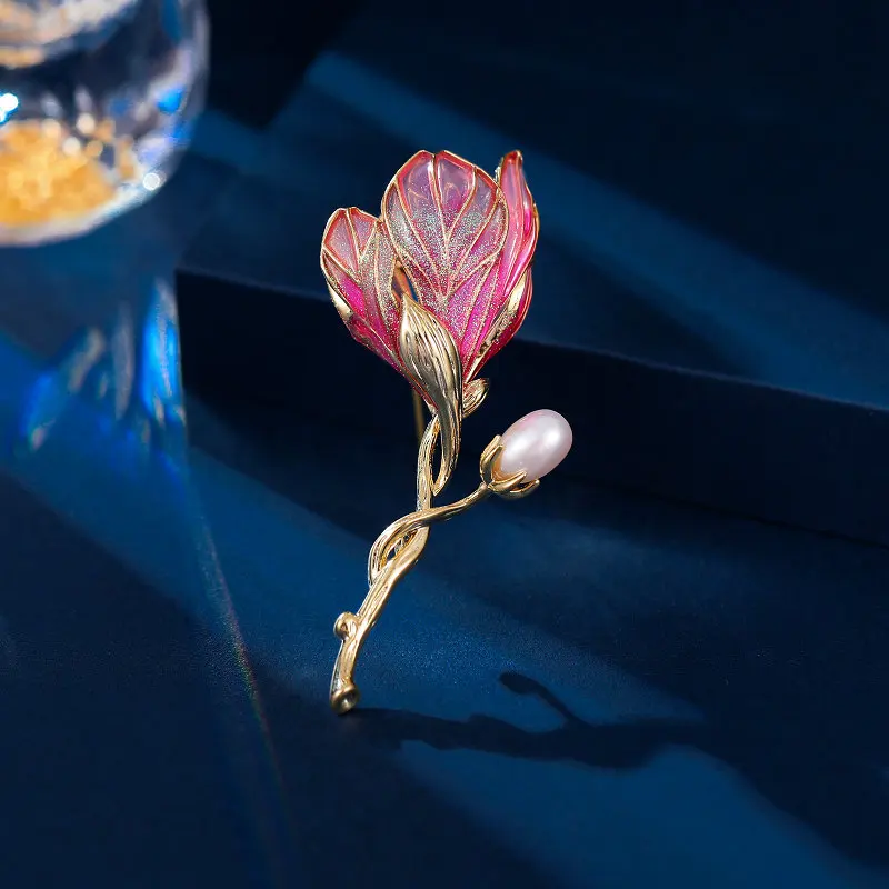 New Elegant and High-End Autumn and Winter Clothing Accessories Brooch Fixed Enamel Colorful Oil-Drip Magnolia Flower Brooch