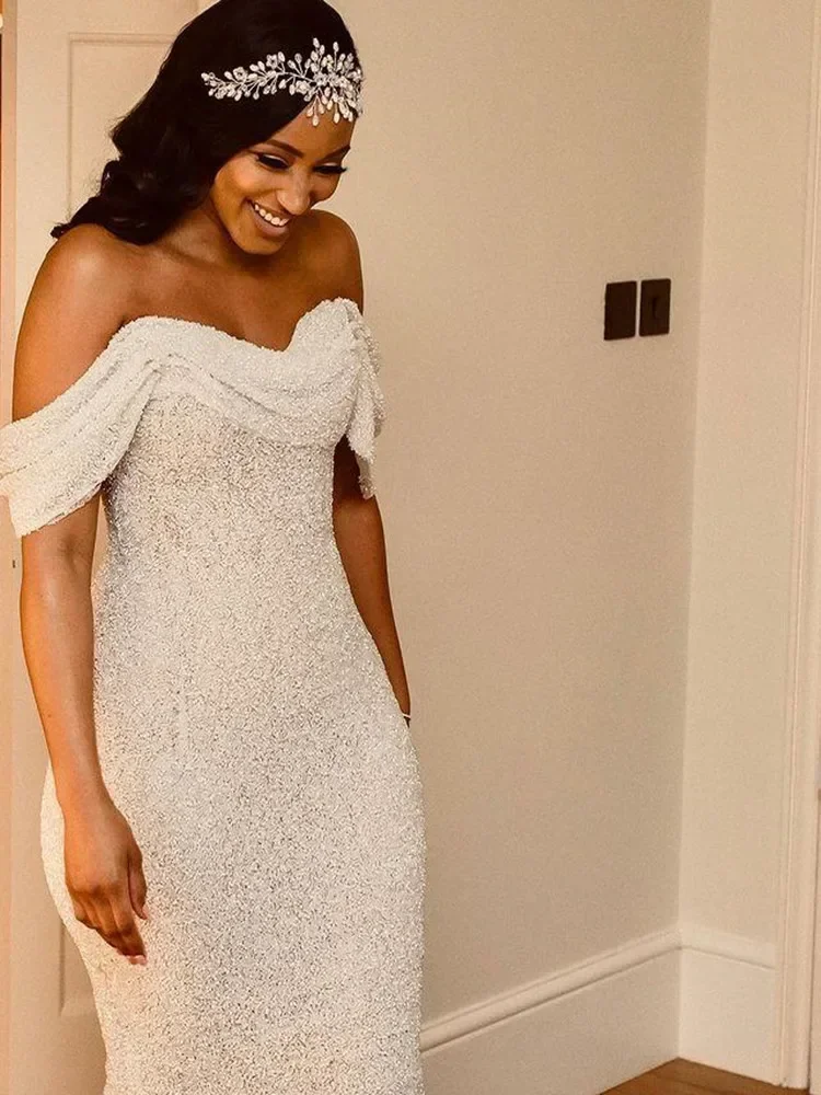 Customized Off the Shoulder Shinny  Sequins Beads Mermaid Wedding Dresses  Robe De Mariee Luxe 2025 African  Bridal Gown