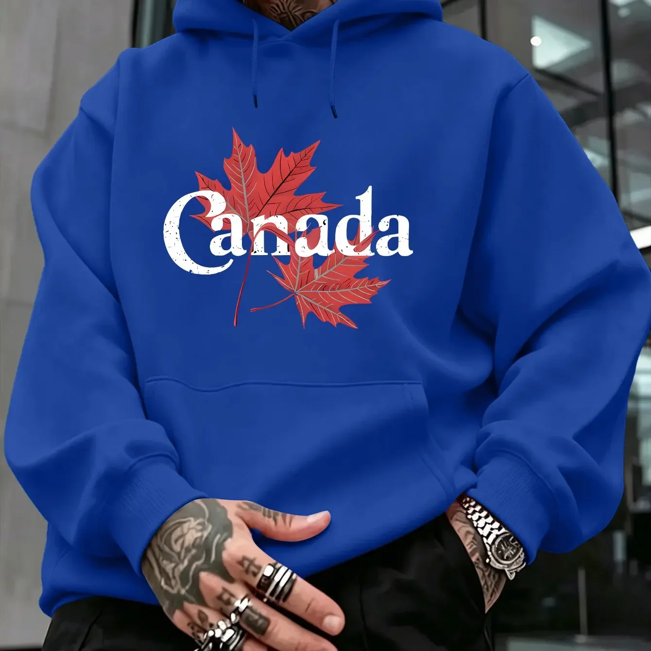 Men Women Canada Red Maple Leaf Hoodie Vintage Distressed Letter Front Print Casual Loose Pullover Hooded Sweatshirt