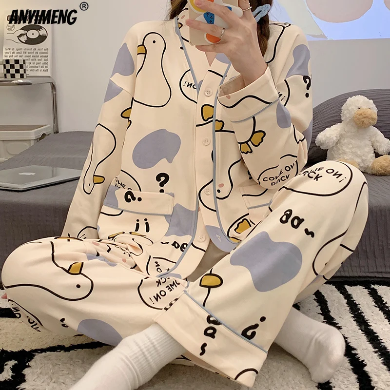 

Женский пижамный комплект из искусственного хлопка, с длинным рукавом и V-образным вырезом