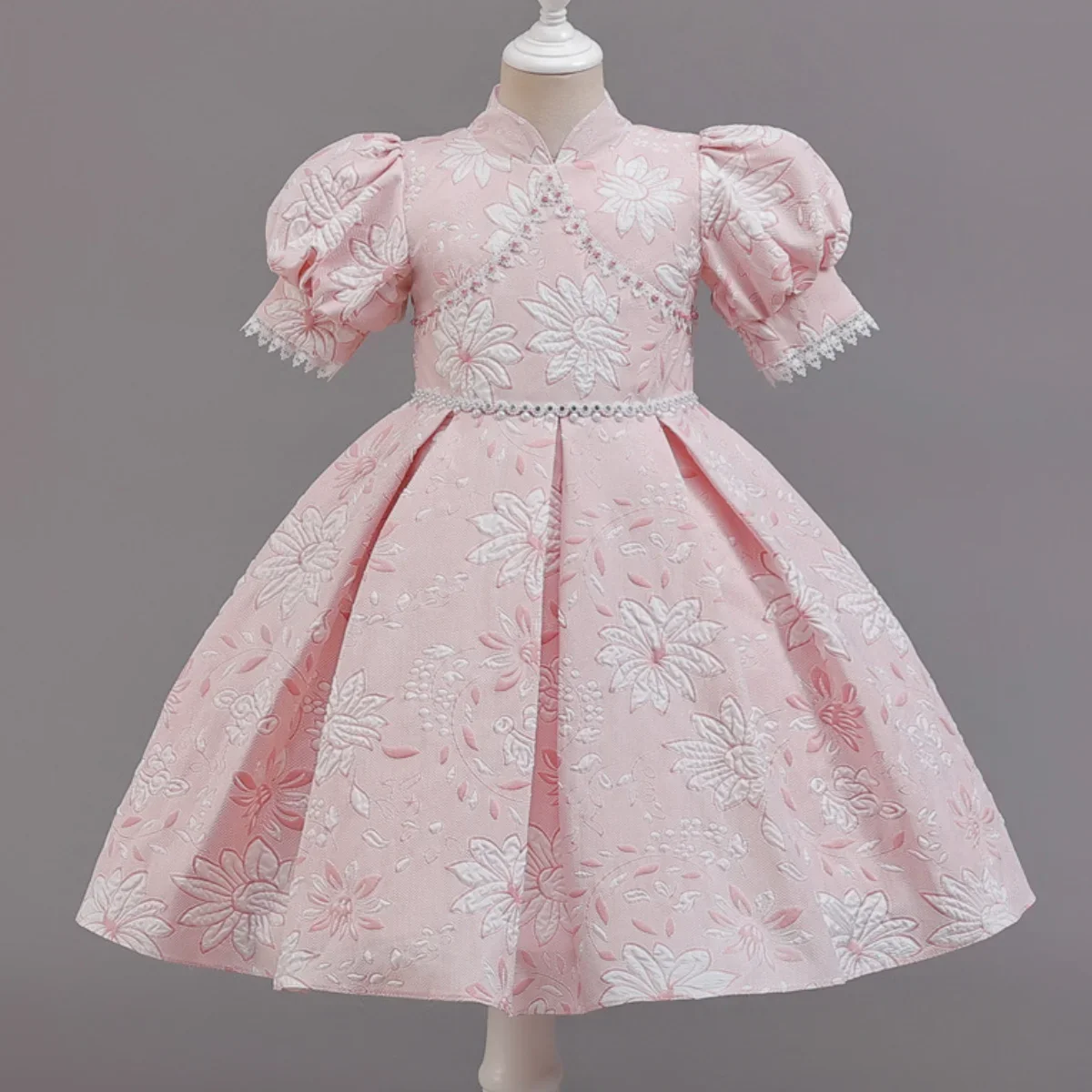 New Floral Pearl Bubble Sleeves for Girls Fashionable and Simple Princess Dress School Graduation Ceremony Evening Gown