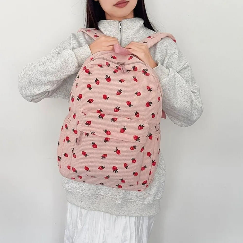 Casual Strawberry Corduroy Backpack Solid Color Lightweight Students School Bag Japanese Style Portable Students Daypack Kids