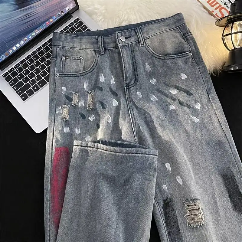 Autumn Winter New Fashion High Waist Printing Tie Dye Jeans Men's Clothing Loose Casual Button Korean All-match Straight Pants