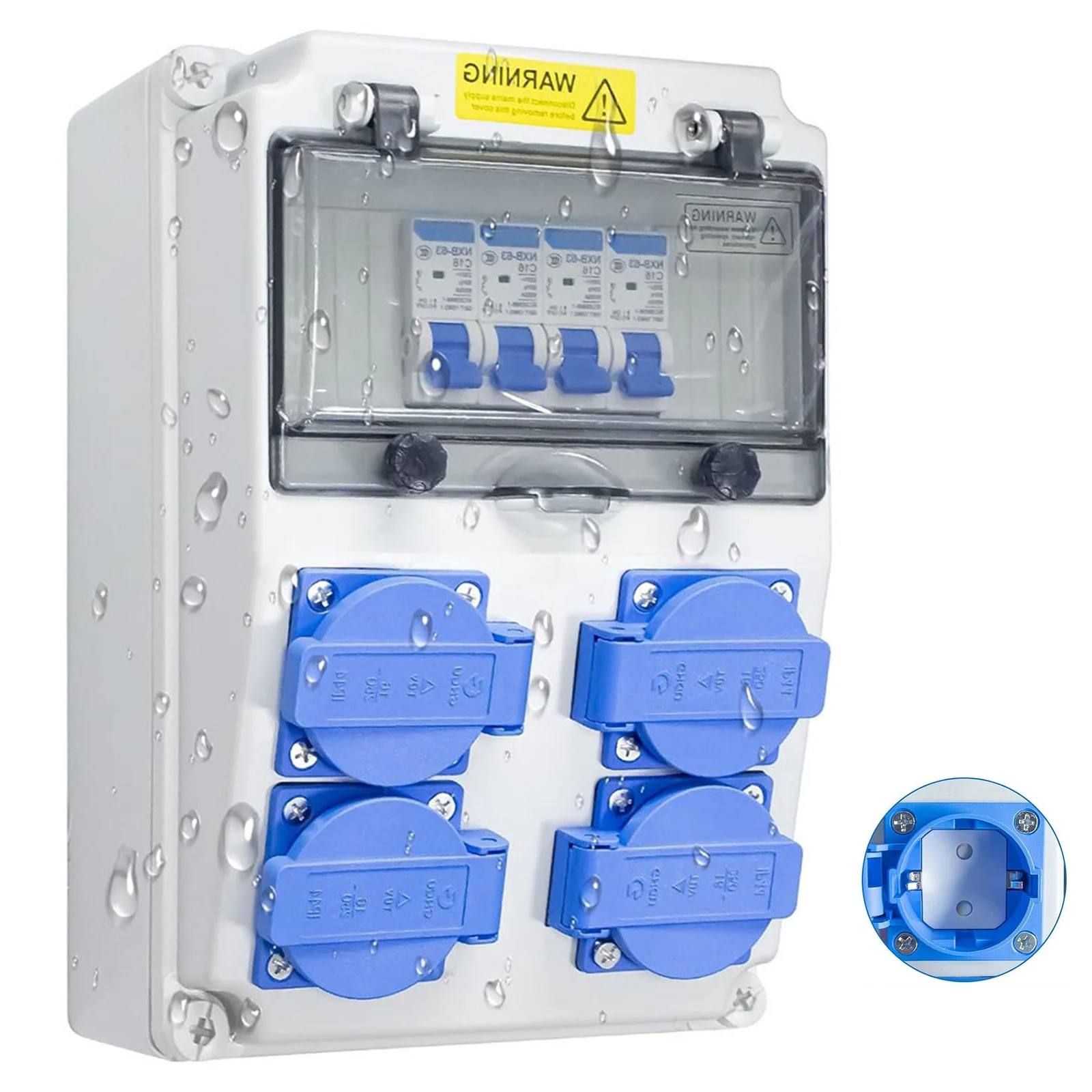 Innovative Design Robust IP65 Rated Wall Mounted Electrical Distribution Unit With Four Secure Socket Connections