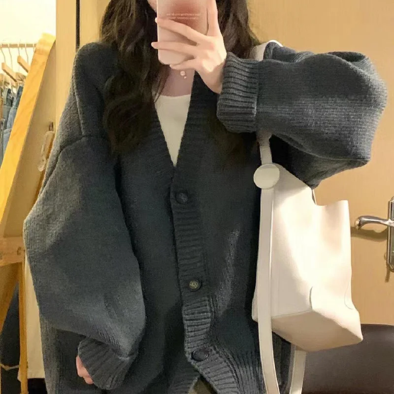 Cardigan Sweaters Women Baggy Sweet Knitwear Japanese Dark Gray Korean Fashion Кардиган Женский College Preppy Minimalist Casual