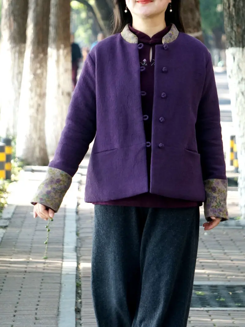 

Женское пальто с воротником из чистого хлопка с вышивкой и цветочным пэчворком, винтажное, художественное, глубокого фиолетового цвета, зимняя верхняя одежда