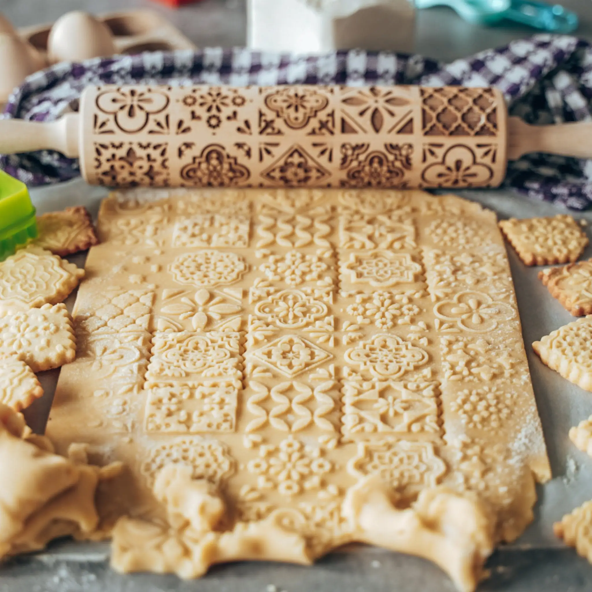 printing Rolling Pins Rock Snowflake Elk Wooden  Embossing Baking Cookies Biscuit Fondant Cake Patterned Roller 35*4.5cm