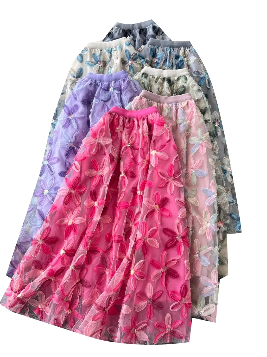 Foamlina الفرنسية رومانسية شبكة تنورة المرأة الصيف مرونة الخصر ثلاثية الأبعاد الأزهار ألف خط رائع طويل نصف تنورة Holdiay التسوق