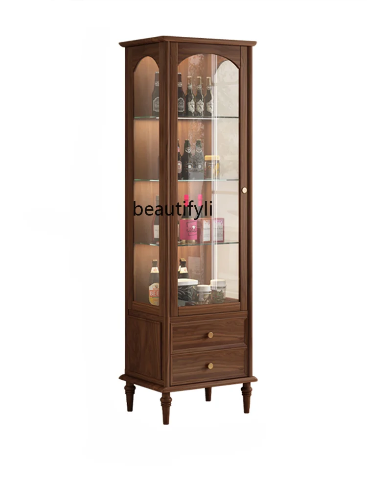 North America Black Walnut Glass Storage Wine Cabinet Height Clothes Closet Solid Wood Simplicity Living Room Display Cabinet