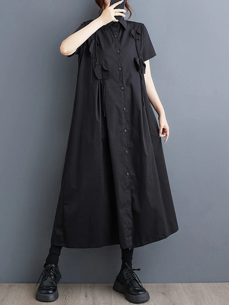 Black Vintage Spliced Shirt Dresses For Women Korean Fashion Short Sleeve Loose Casual Dress Elegant Clothing New Summer 2025