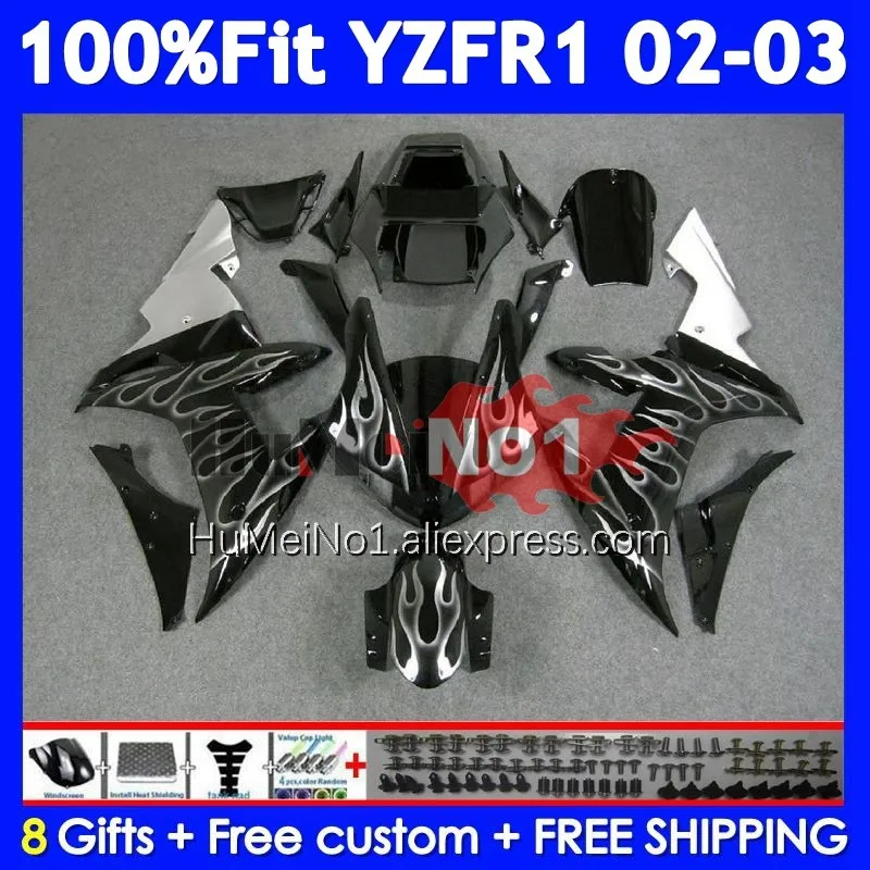 Body For YAMAHA YZF 1000 CC R1 R 1 YZF-R1 YZFR1 02 03 365No.47 YZF1000 1000CC YZF-1000 2002 2003 Injection Silver flames Fairing