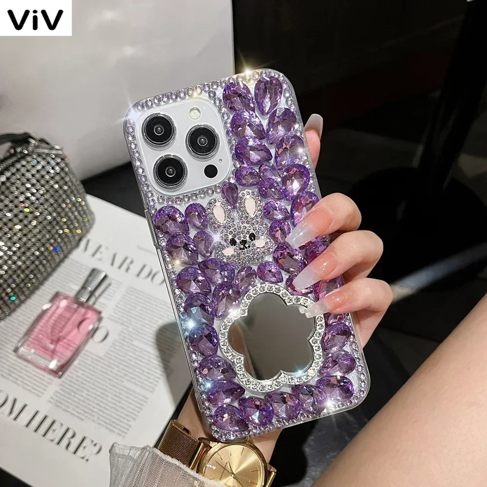 Bling Rhinestone Rabbit Mirror Case for Samsung Galaxy S10 S20 Plus S21 FE S22 23Ultra Note20 10 Full Crystal Diamond Cover viv