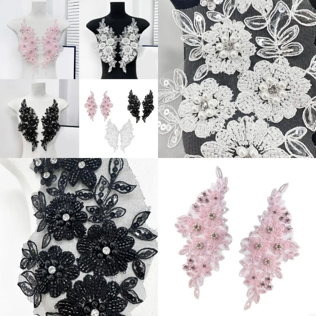 Embroidery Floral Applique Rhinestones Beads Applique Sewing on Collar Patches Wedding Dress Applique For Evening Gown Y08E