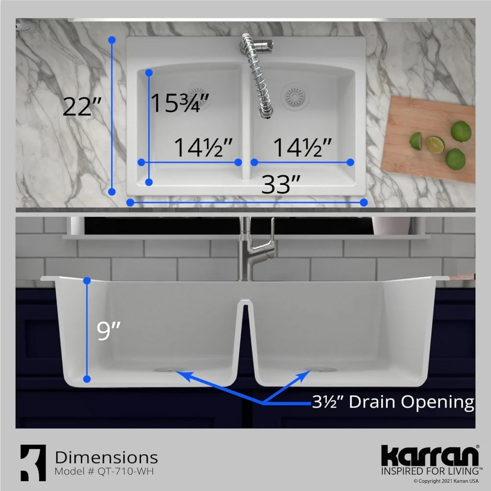 710 Drop-in Quarz-Verbundwerkstoff 33 Zoll. 1-Loch 50/50 Doppelschüssel-Küchenspüle in Weiß, Küchenspülen