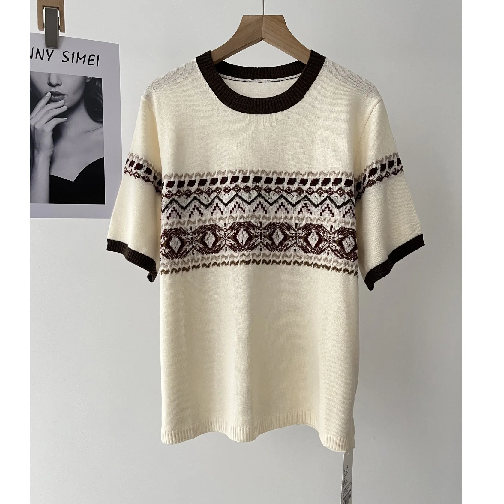 

Women's Autumn Fair Island Sweater Crew Neck Jacquard Knitted Sweater Short Sleeve T-Shirt 51c-1176