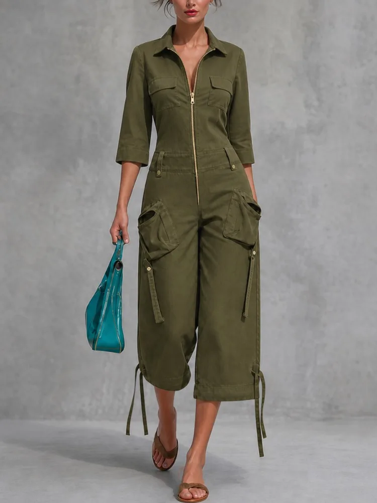 Yeezzi Women's Cargo Jumpsuits Lapel Zipper Half Sleeves Pockets Cropped Jumpsuit Casual Loose Fit Streetwear Wide Leg Overalls